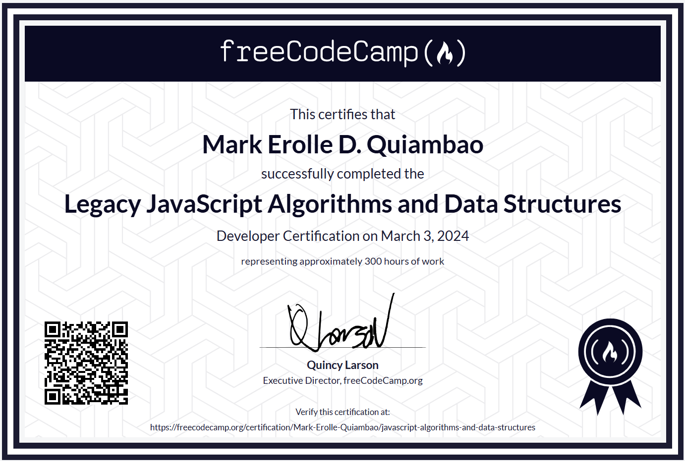 Legacy JavaScript Algorithms and Data Structures Certificate image